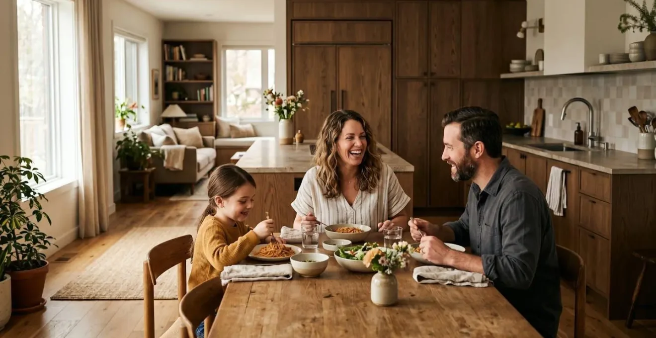 Cuisine ouverte sur salon avec réfrigérateur encastrable discret et famille déjeunant en arrière-plan