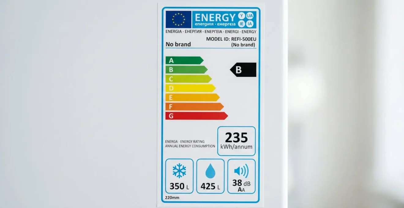 Gros plan sur une étiquette énergie de réfrigérateur affichant la nouvelle échelle de A à G