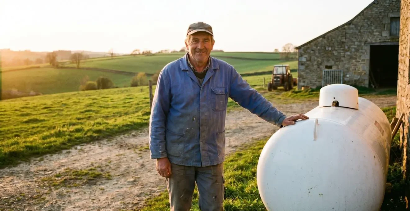 Responsable d'exploitation agricole vérifiant une citerne de gaz propane installée en zone rurale
