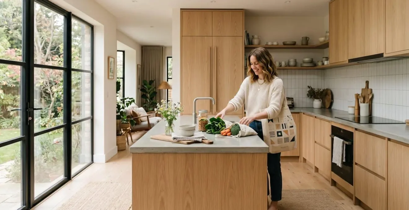 Réfrigérateur encastrable intégré dans une cuisine ouverte avec façade en bois claire