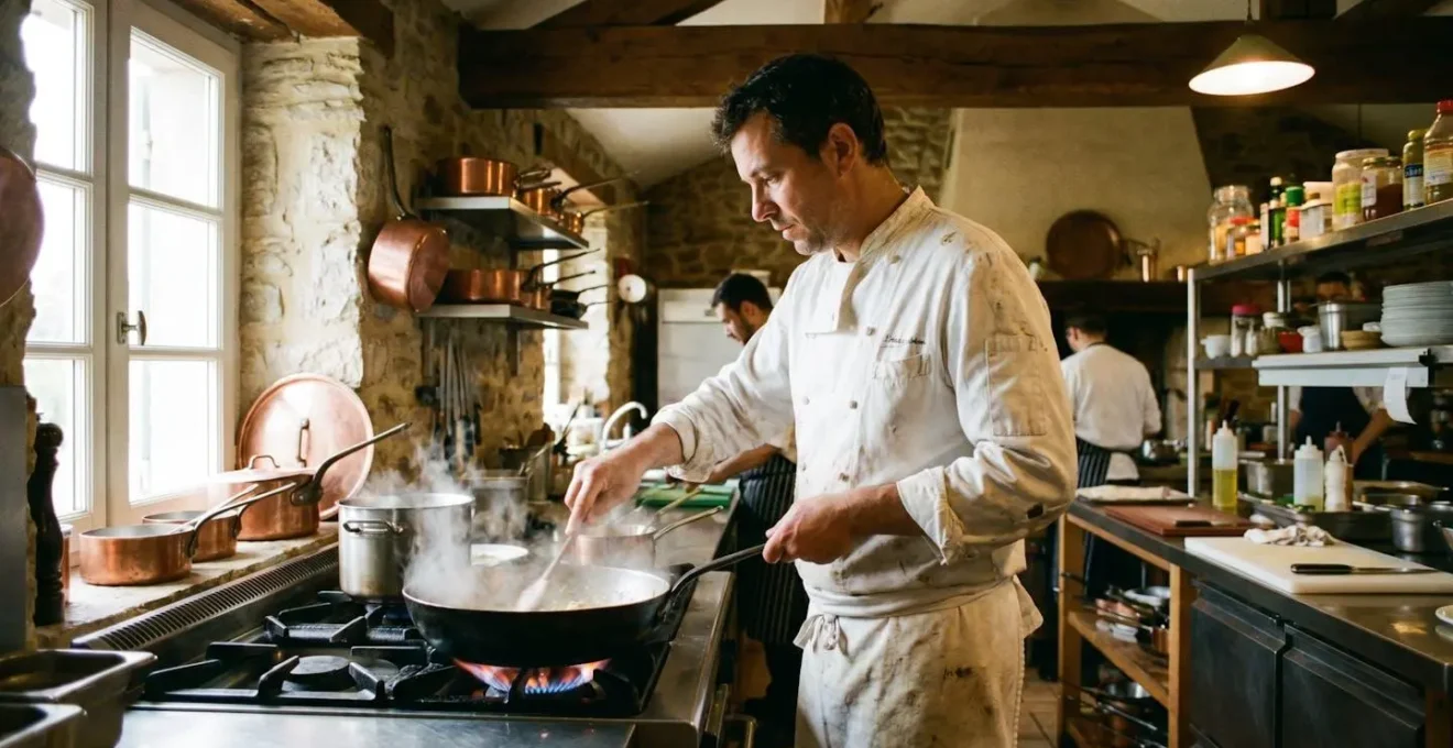 Chef cuisinier utilisant des brûleurs à gaz propane dans une cuisine professionnelle rurale