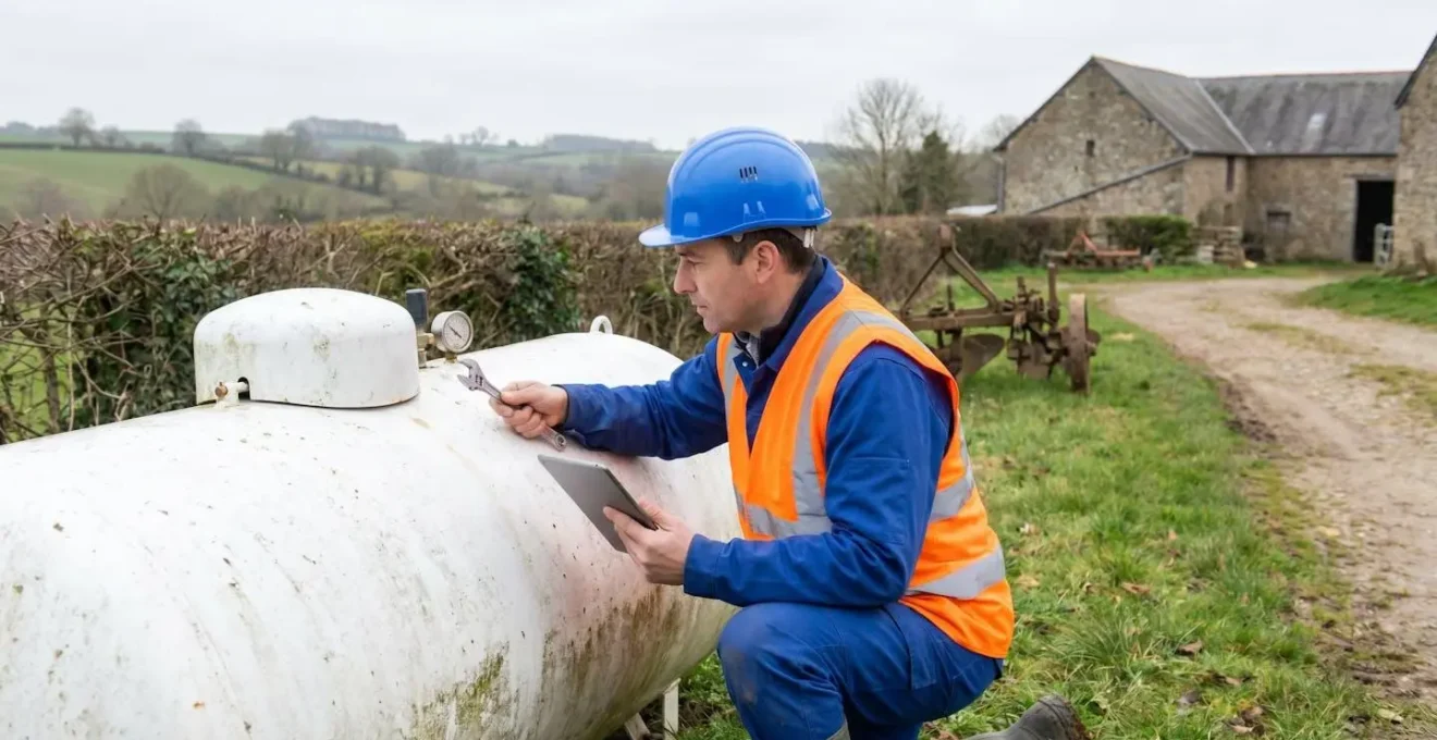 Technicien spécialisé procédant à l'installation et au contrôle d'une citerne de gaz propane sur un site professionnel