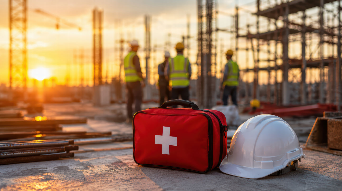 Ouvrier du BTP en équipement de sécurité ouvrant une trousse de secours portable renforcée sur un chantier de construction