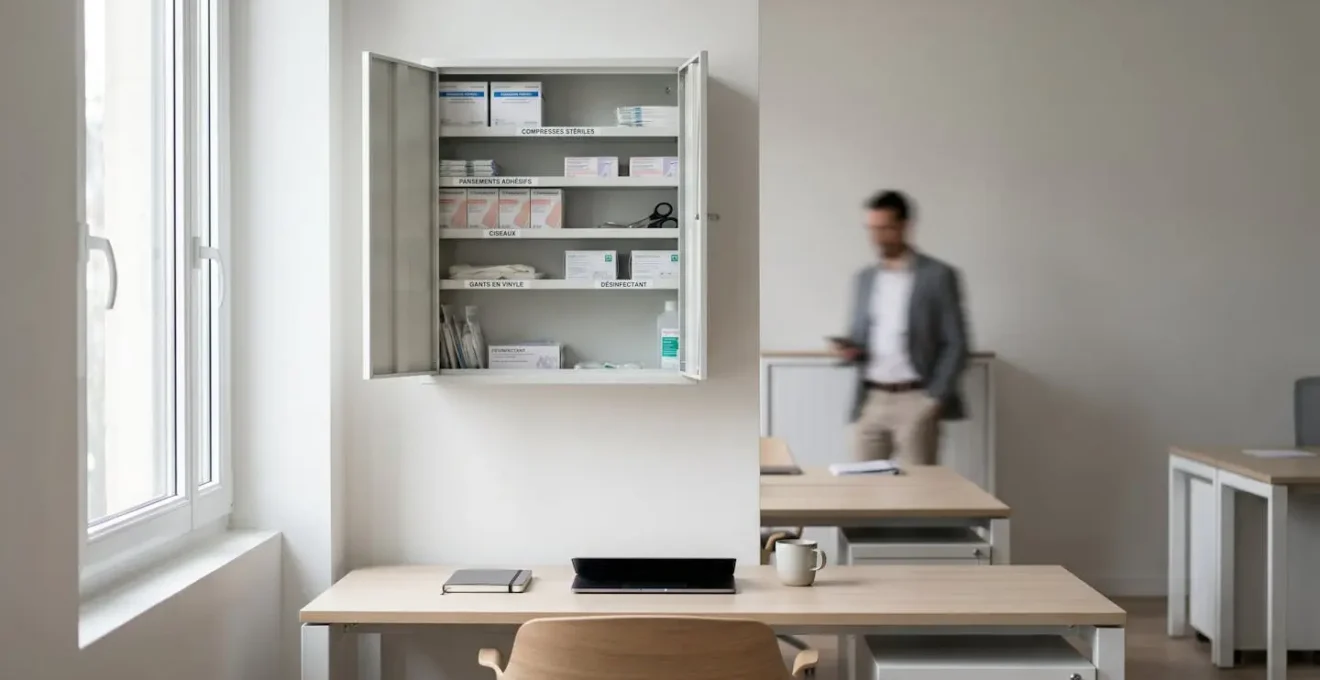 Coffret de premiers secours mural ouvert dans un bureau moderne, présentant du matériel médical organisé : compresses, pansements, ciseaux et gants jetables