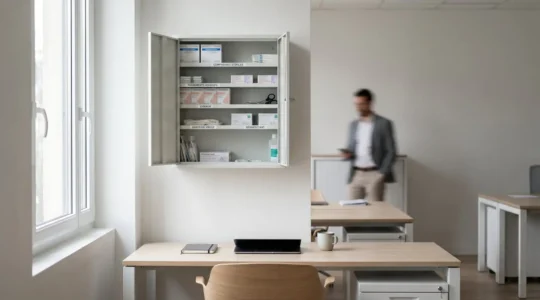 Coffret de premiers secours mural ouvert dans un bureau moderne, présentant du matériel médical organisé : compresses, pansements, ciseaux et gants jetables