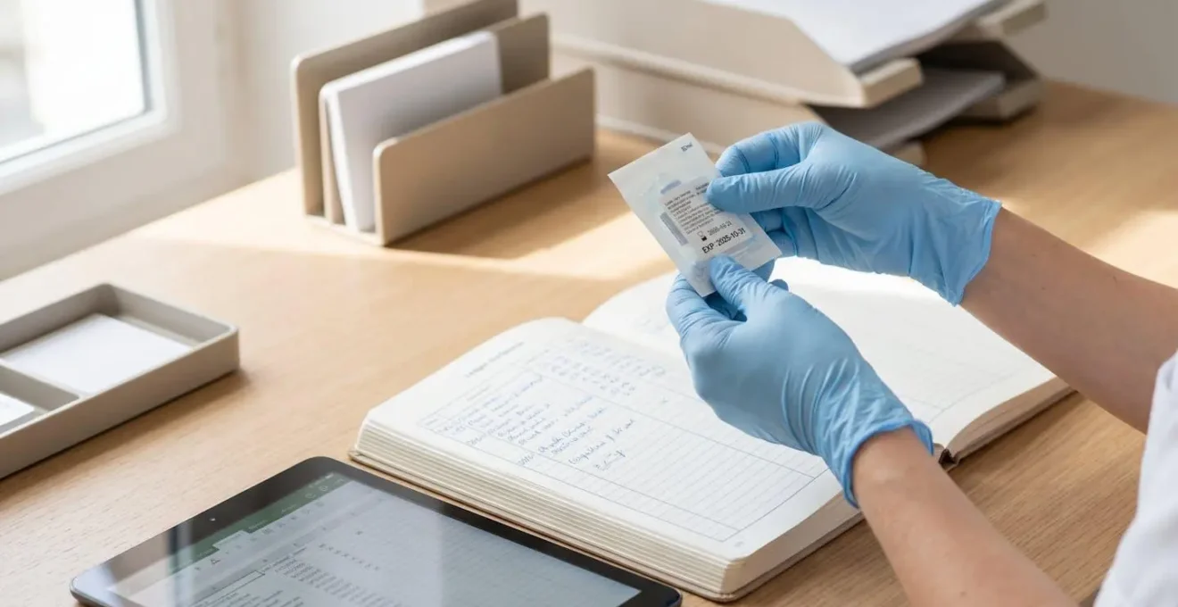 Contrôle des dates de péremption du matériel médical avec registre de vérification ouvert sur un bureau