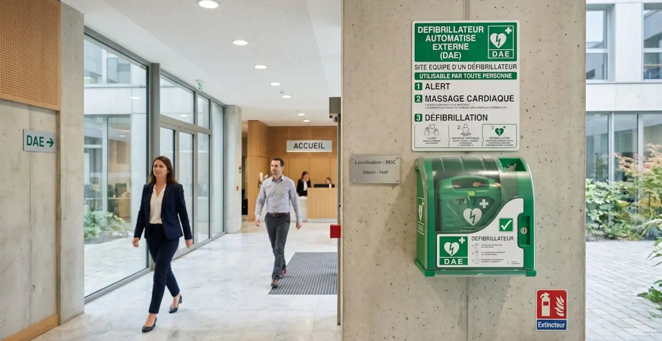Défibrillateur mural installé avec signalétique réglementaire française dans hall d'entreprise moderne