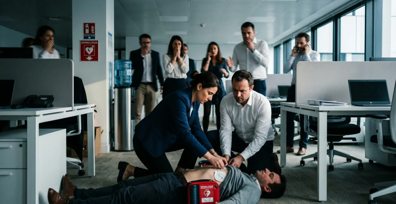 Intervention de secours avec défibrillateur dans un bureau moderne français, employé formé utilisant un DAE sur un collègue