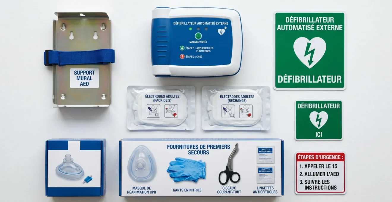 Kit complet de défibrillateur professionnel avec DAE, électrodes, support mural et signalétique réglementaire