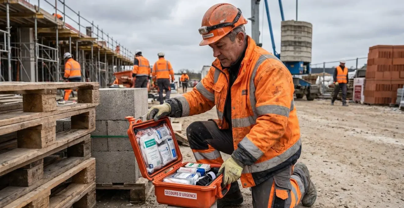 Ouvrier du BTP en équipement de sécurité ouvrant une trousse de secours portable renforcée sur un chantier de construction