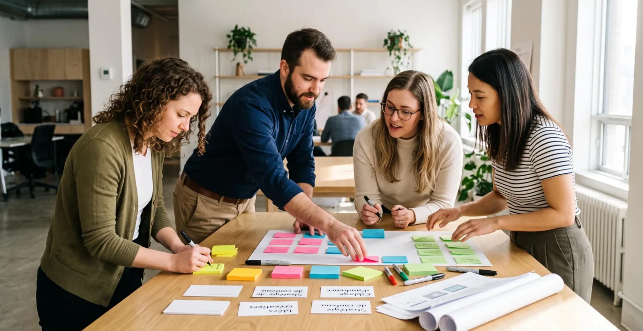 Professionnels en atelier créatif collaboratif utilisant post-its et matériaux visuels autour d'une table de travail