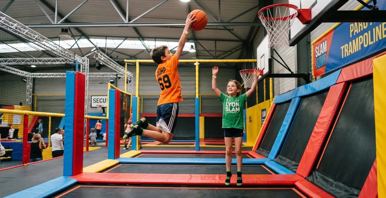 Deux enfants sautant sur trampolines pour marquer un slam dunk au basketball dans le trampoline park de Mérignac