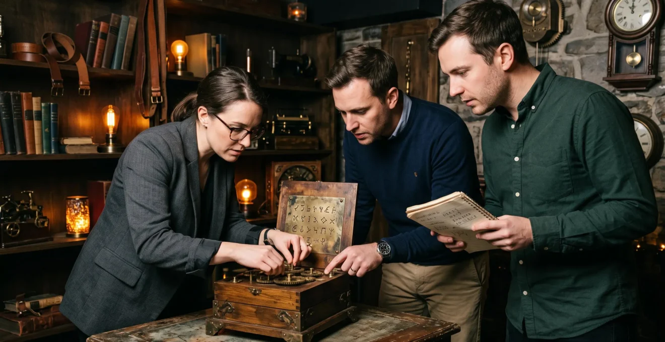 Équipe de professionnels résolvant une énigme collaborative dans une salle d'escape game