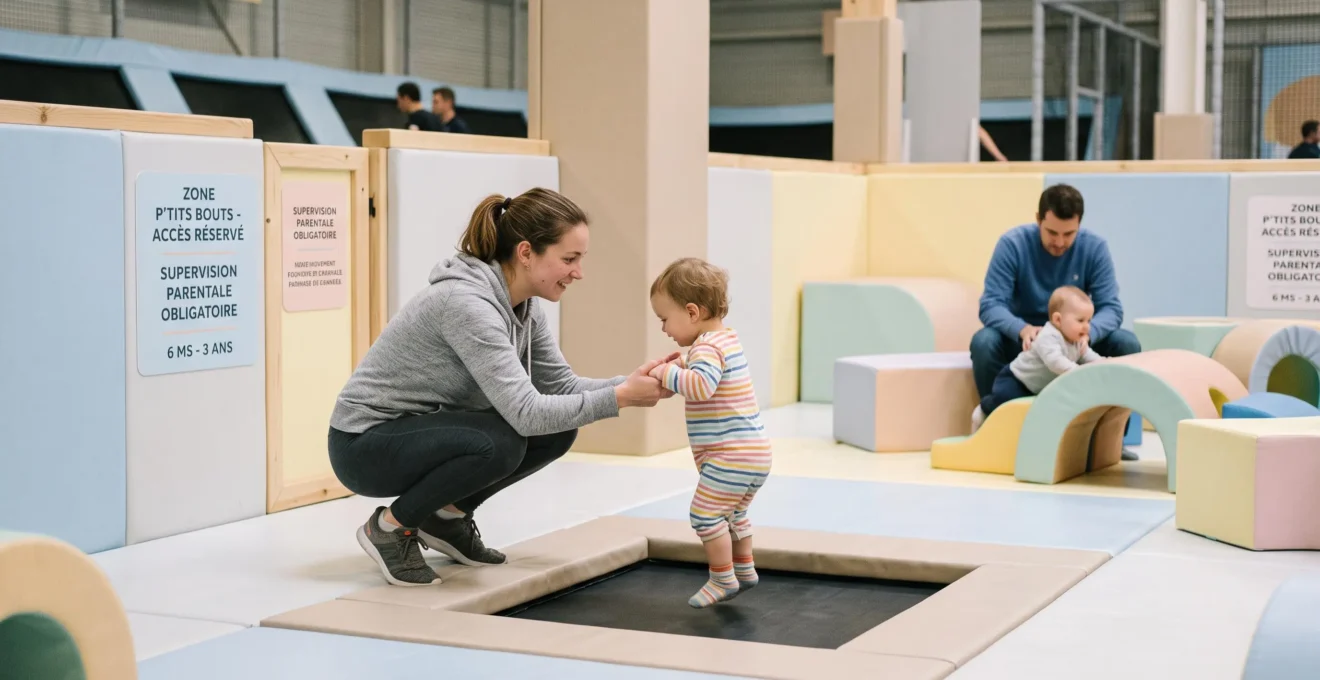Jeune mère accompagnant son enfant en bas âge dans l'espace You Kids dédié aux 6 mois-3 ans du trampoline park