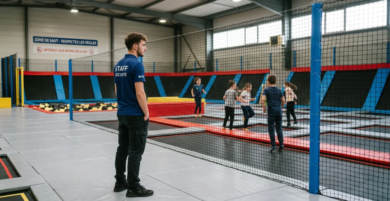 Personnel d'encadrement surveillant activement les zones de trampoline dans le parc de loisirs de Mérignac