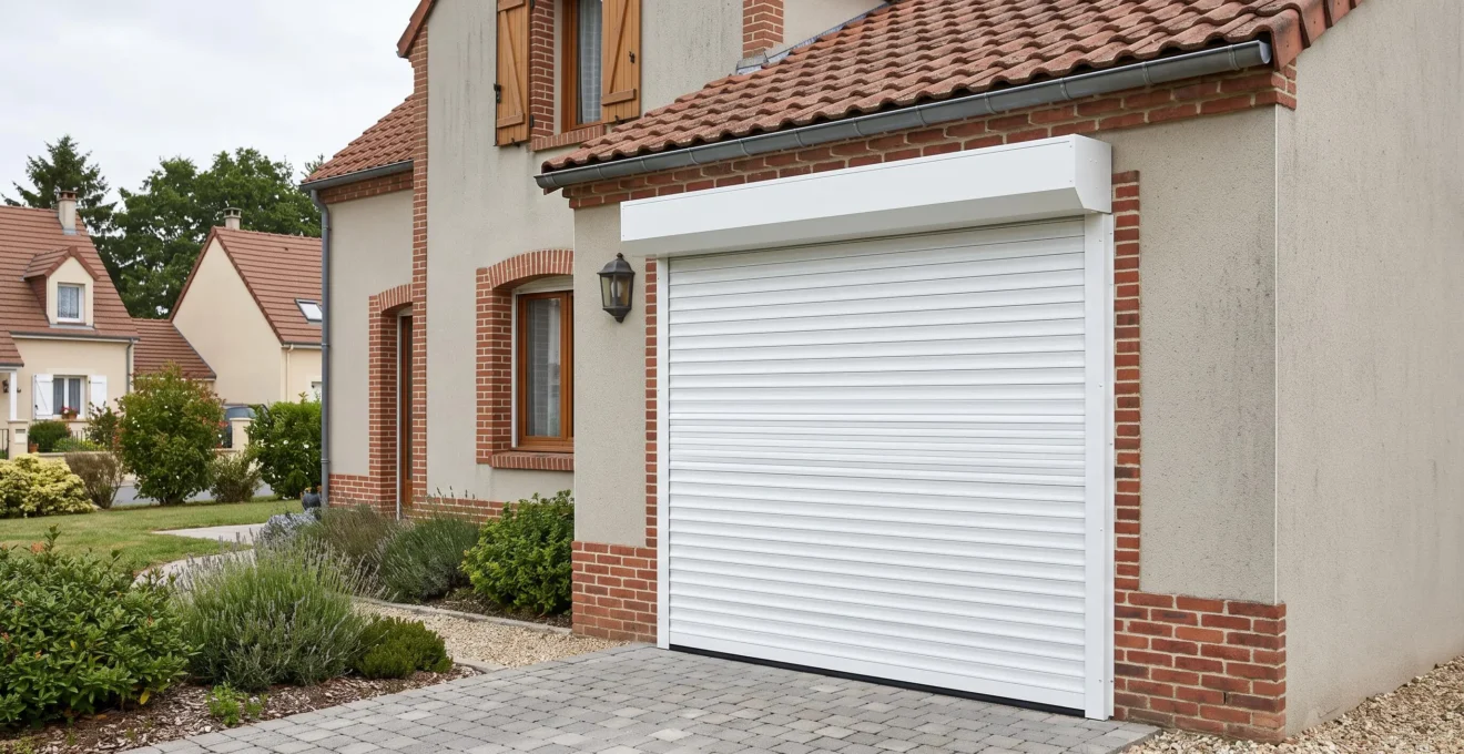 Porte de garage enroulable en PVC blanc installée sur une maison pavillonnaire française typique.