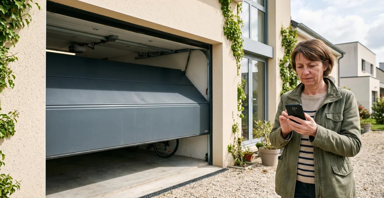 Porte de garage sectionnelle motorisée en cours d'ouverture devant une maison française moderne, avec un propriétaire utilisant son smartphone comme télécommande.