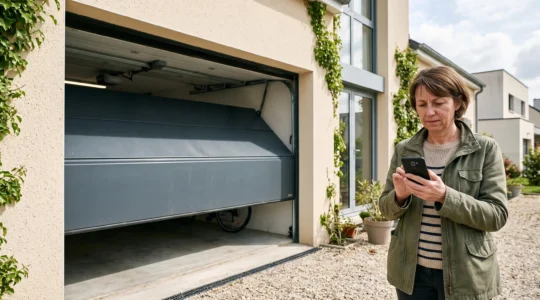 Porte de garage sectionnelle motorisée en cours d'ouverture devant une maison française moderne, avec un propriétaire utilisant son smartphone comme télécommande.