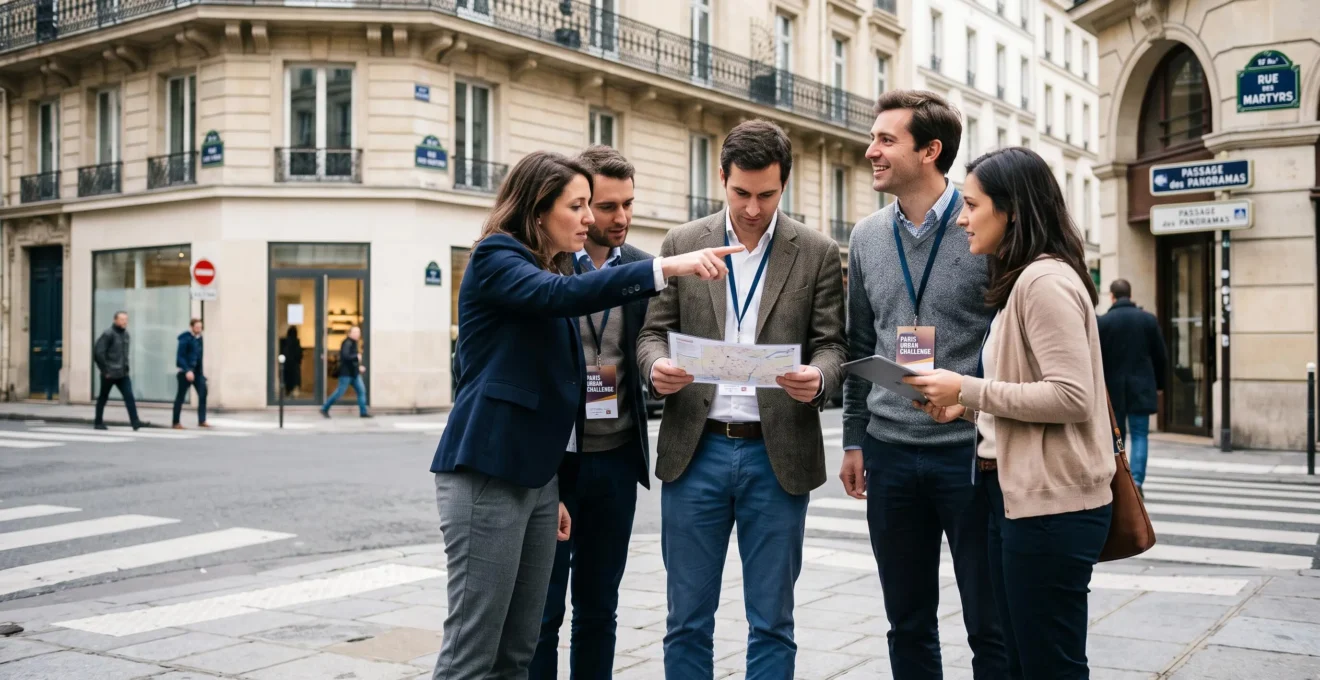 Groupe de professionnels en activité de team building collaboratif dans une rue parisienne typique