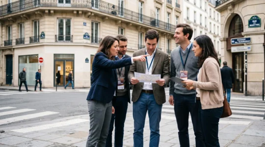 Groupe de professionnels en activité de team building collaboratif dans une rue parisienne typique