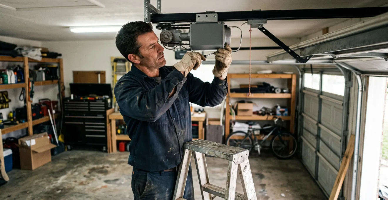 Technicien installant un système de motorisation pour porte de garage sur le rail de guidage à l'intérieur d'un garage résidentiel.