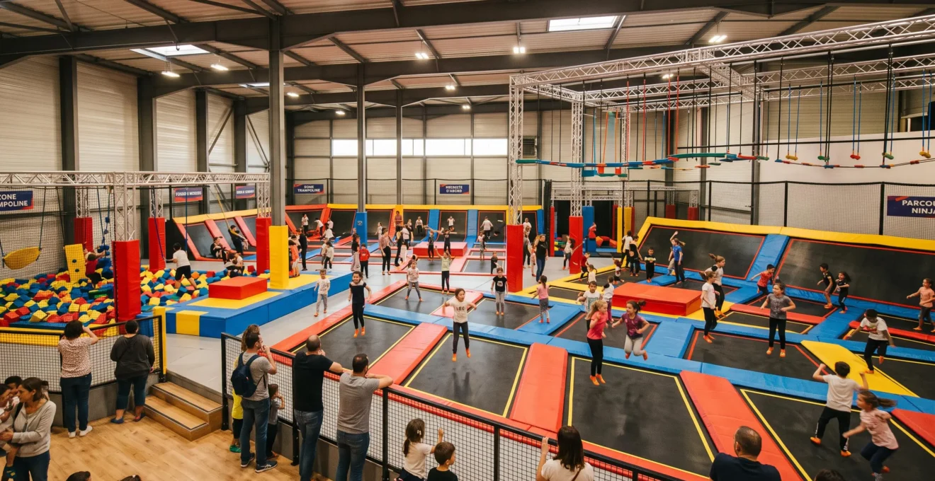 Vue d'ensemble d'un trampoline park indoor à Mérignac avec enfants de différents âges sautant sur plusieurs zones d'activités