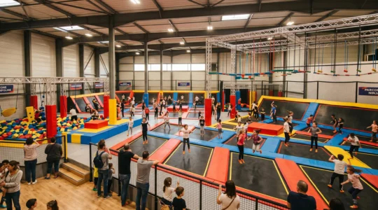 Vue d'ensemble d'un trampoline park indoor à Mérignac avec enfants de différents âges sautant sur plusieurs zones d'activités